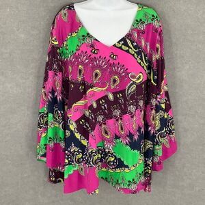 Attitudes by‎ Renée Top 3X Multicolor Paisley Print V-Neck Liquid Knit Blouse